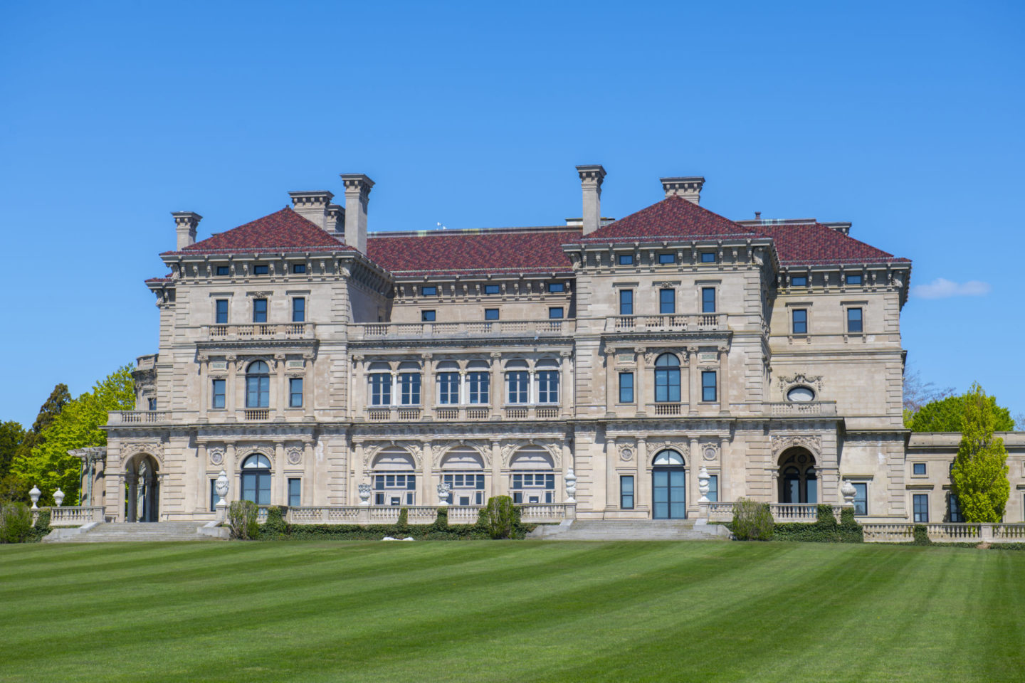 Front view of the beautiful and famous Breakers Mansion in Newport, Rhode Island