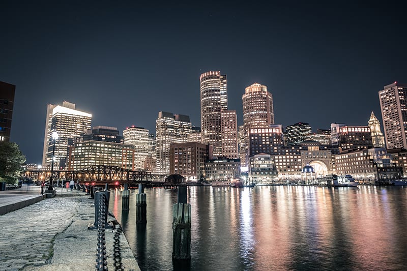 Boston Skyline at night with the water