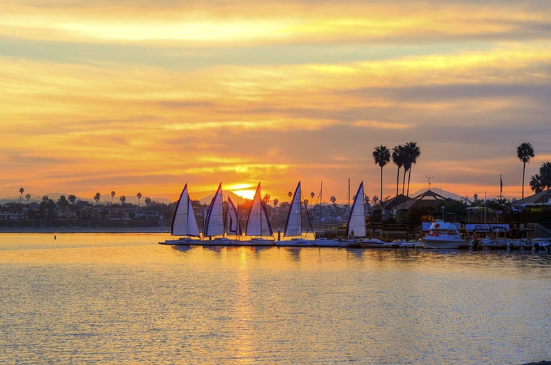 Boats in Mission Bay at Sunset