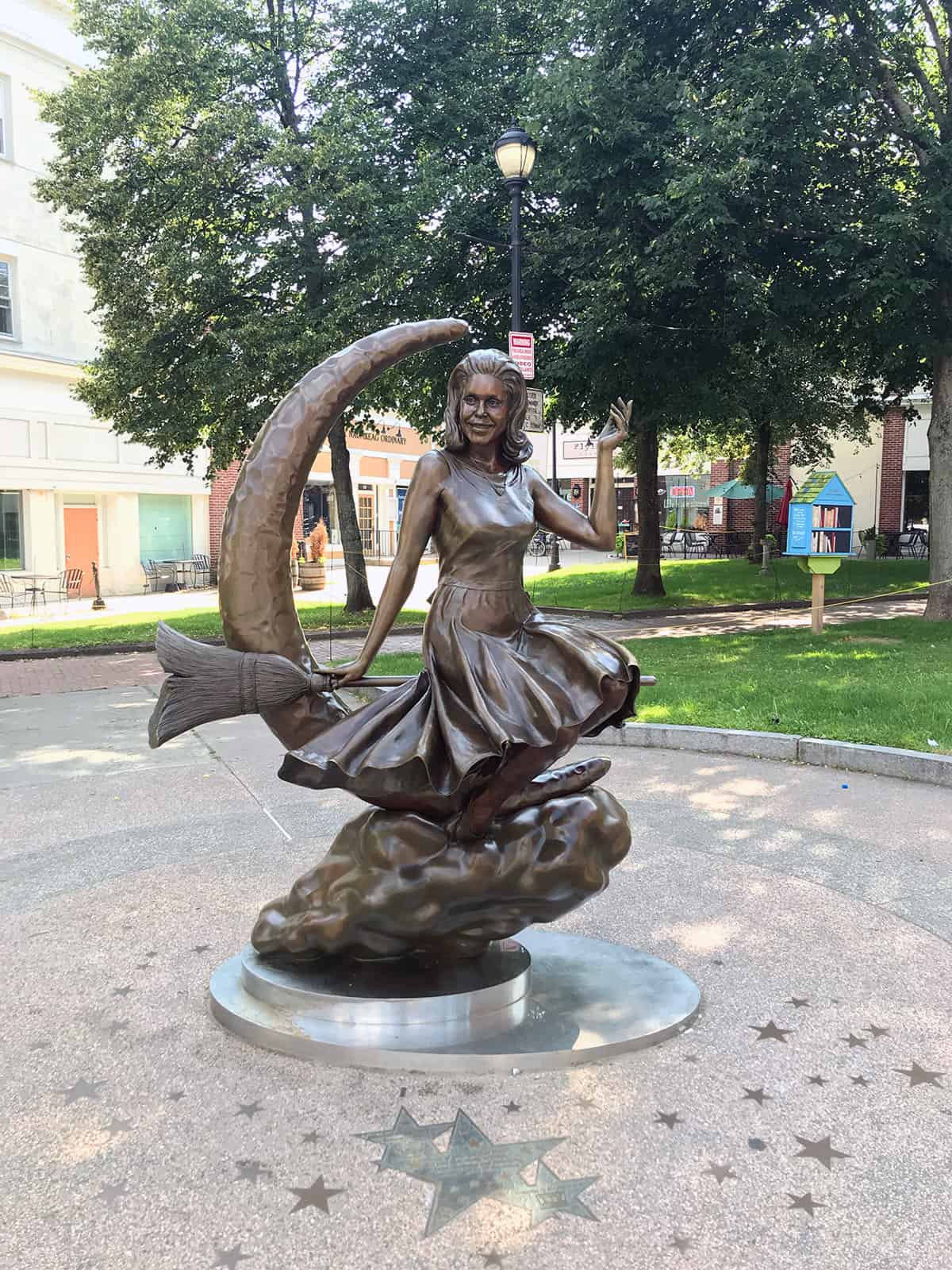 The Bewitched Sculpture honors Elizabeth Montgomery, the actress on Bewitched TV Show in Salem MA