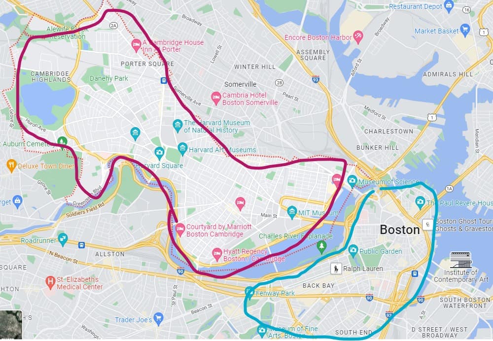 Map of Cambridge vs Boston outlined