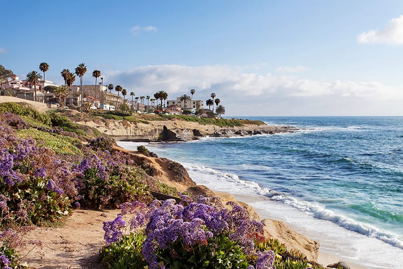 Beautiful ocean coastline view in La Jolla village area in San Diego