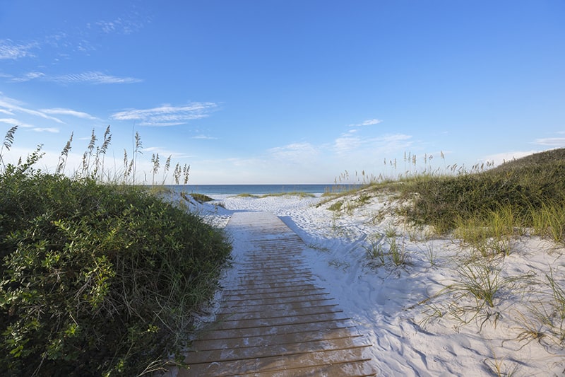 Boardwalk footpath through pristine sand dunes to the Gulf of Mexico in Pensacola Florida