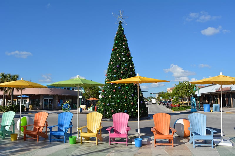 Christmas Tree and beach patio furniture in Florida during Winter