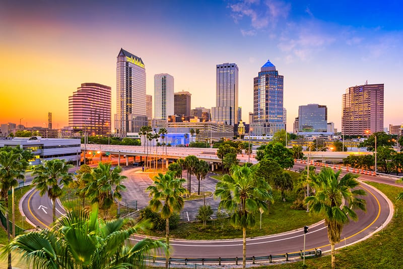 Tampa, Florida, USA downtown skyline at sunset.