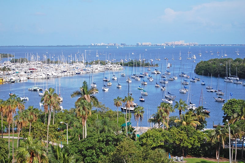 Beautiful Biscayne Bay in Miami - lots of ships amongst the blue water and green surroundings