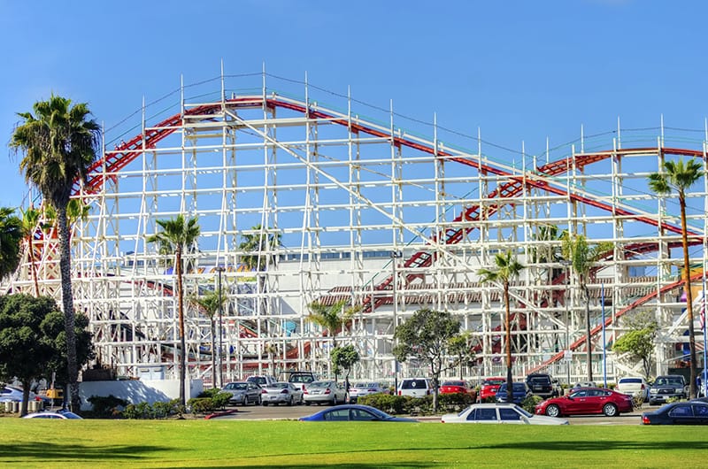 The Belmont amusement Park in Bonita cove park in southern Mission Bay over the Pacific beach in San Diego, California in the United States of America. A view of the roller coaster at the entrance.