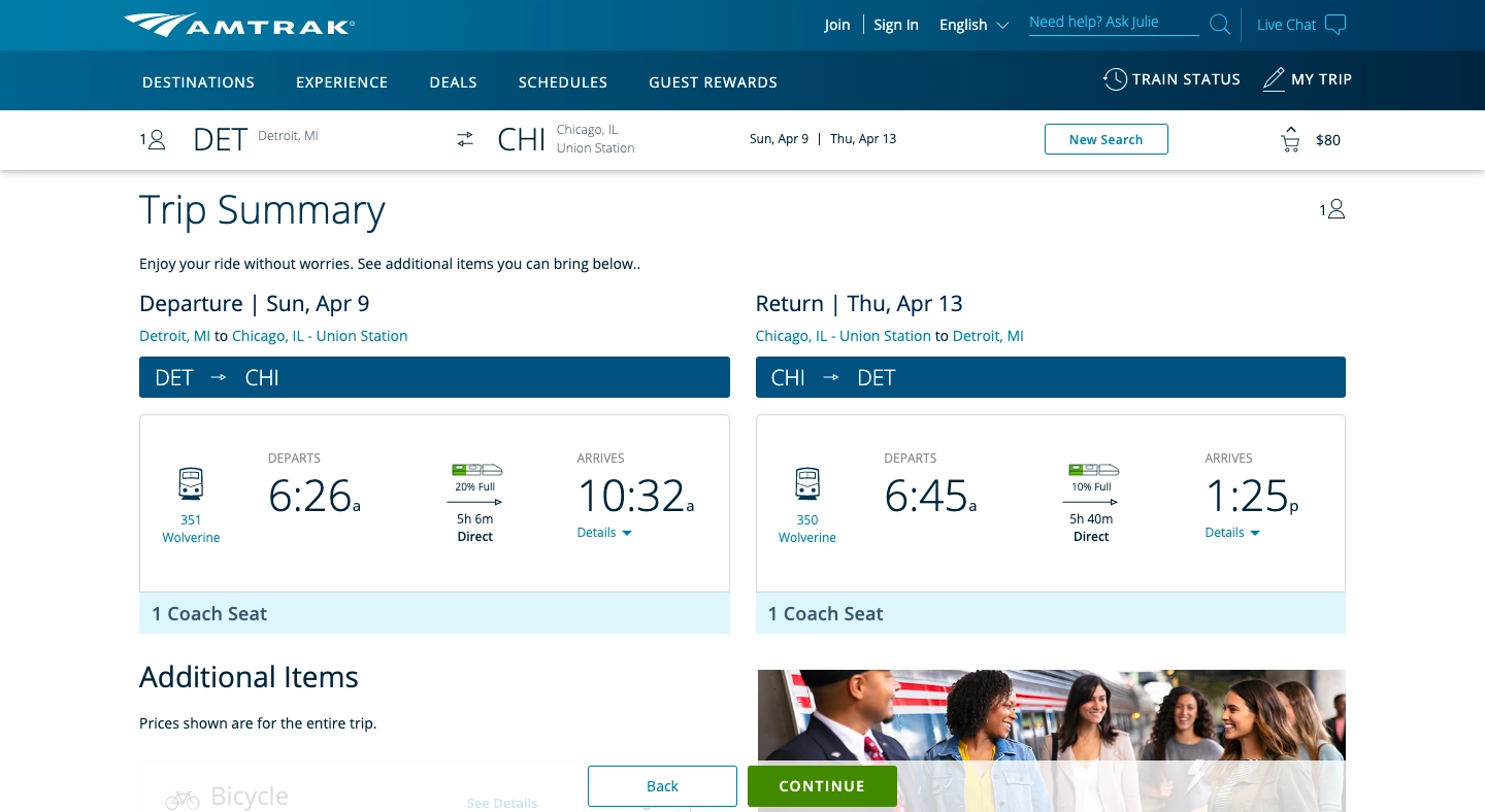 Screenshot of prices for Amtrak Detroit to Chicago