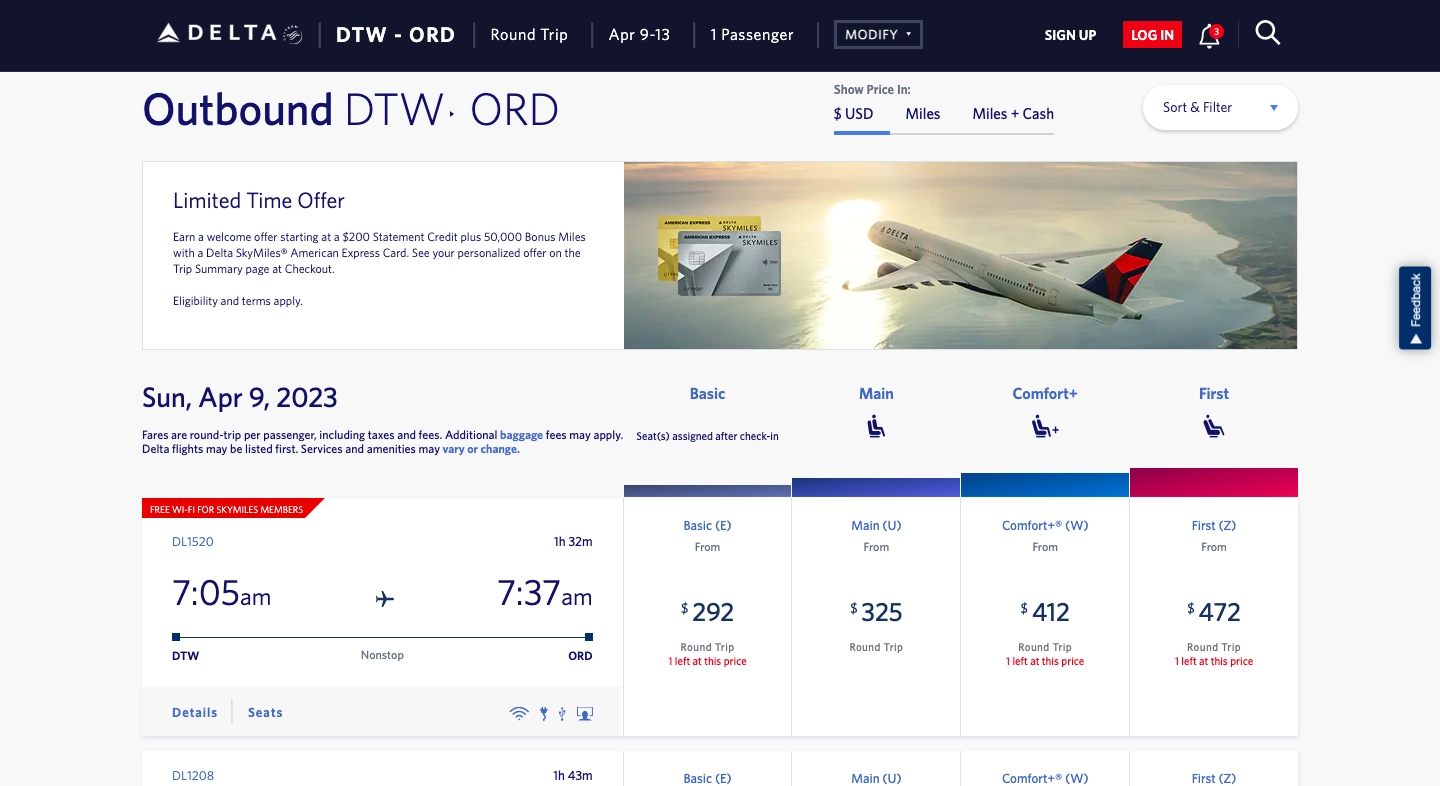 Detroit to Chicago screenshot of Delta prices