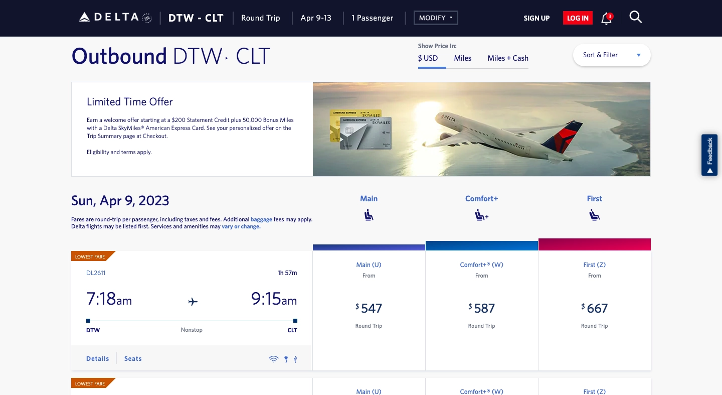 Screenshot of Delta pricing Detroit to Charlotte