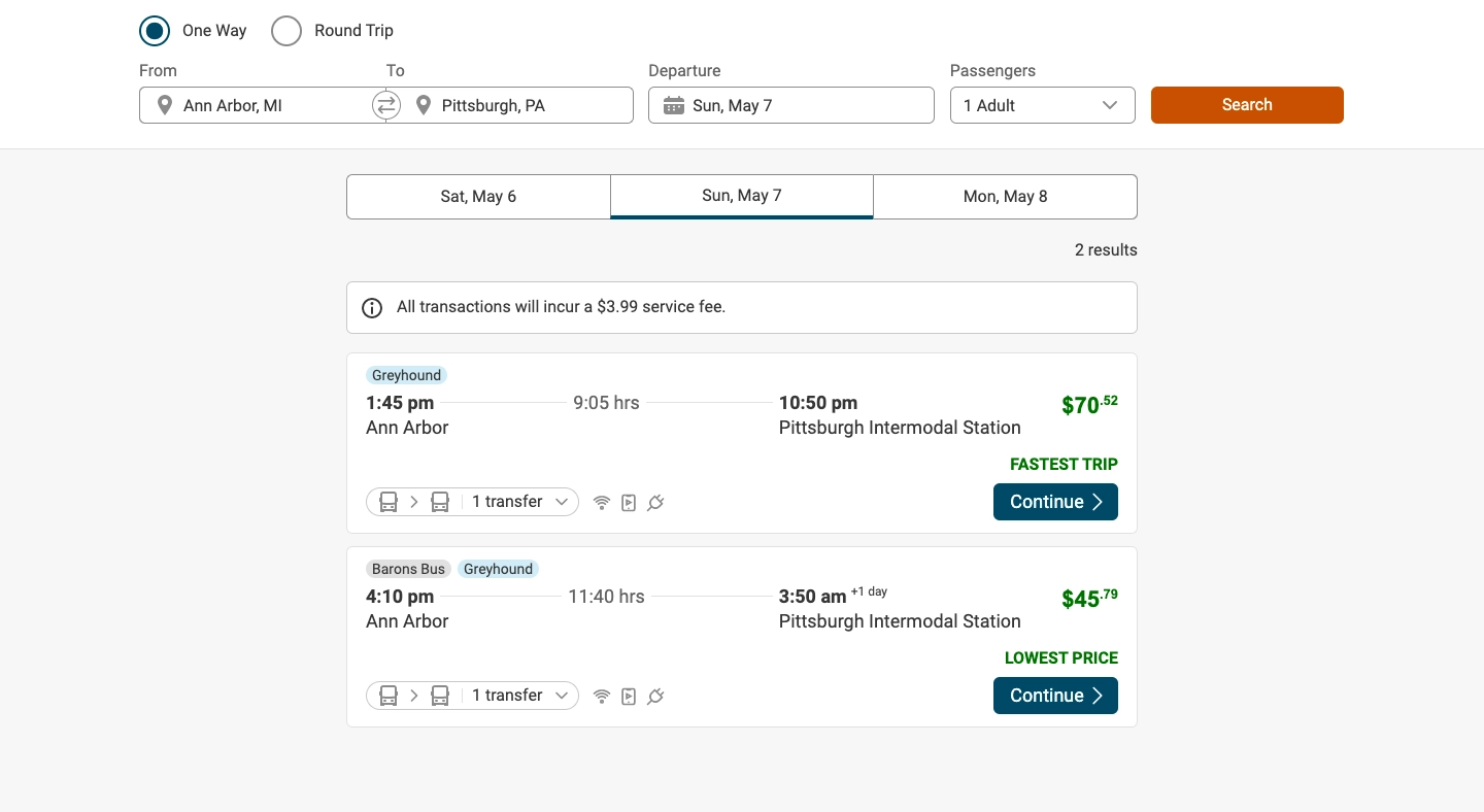 Screenshot of Greyhound's timing for Ann Harbor to Pittsburgh