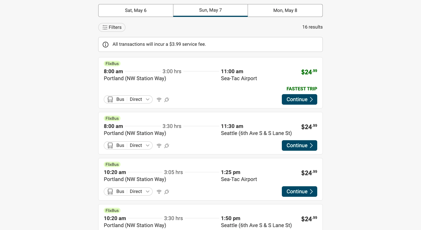 Screenshot of Portland to Seattle timing for Greyhound bus