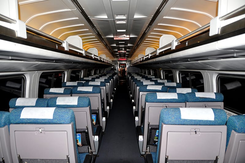 Inside of an Amtrak regional passenger car in Coach class