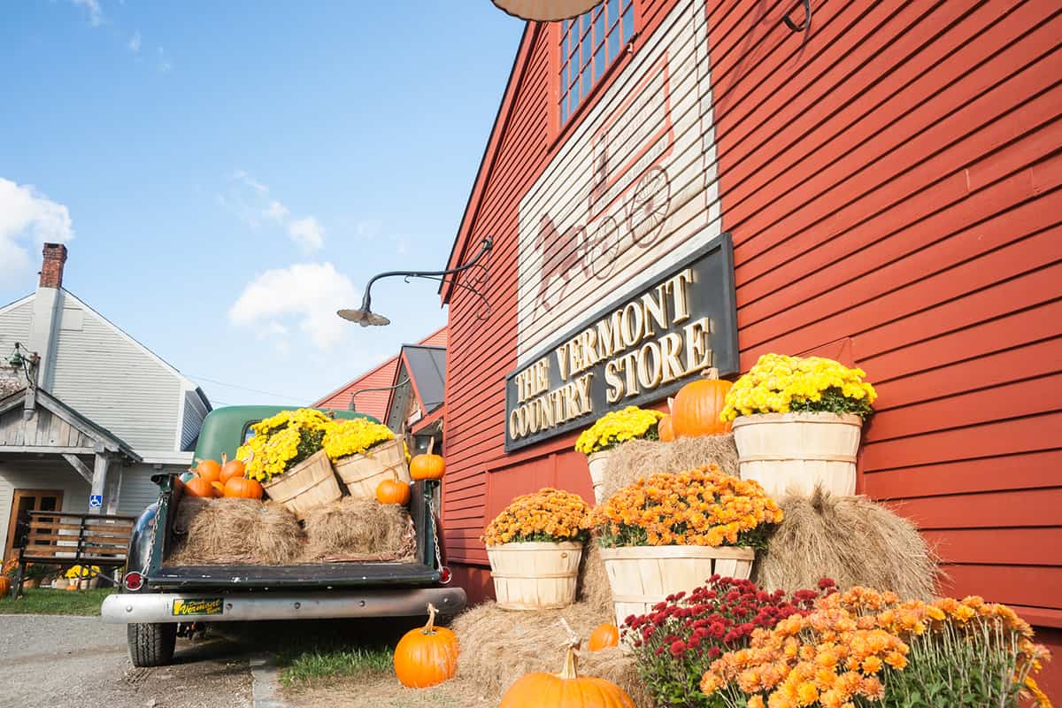 Vermont Country Store, traditional general store in rural USA with produce and flowers on display outside in Weston, Vermont