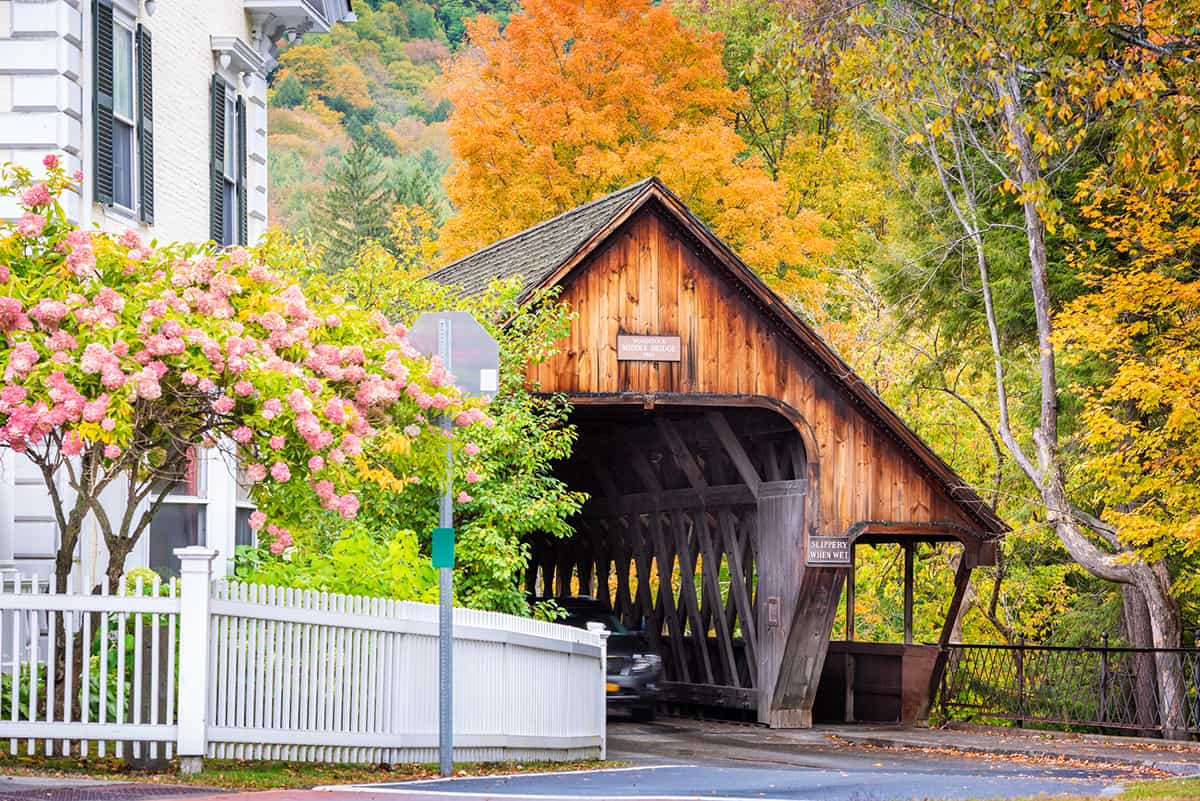 The beautiful Middle Bridge in Woodstock VT during the fall season