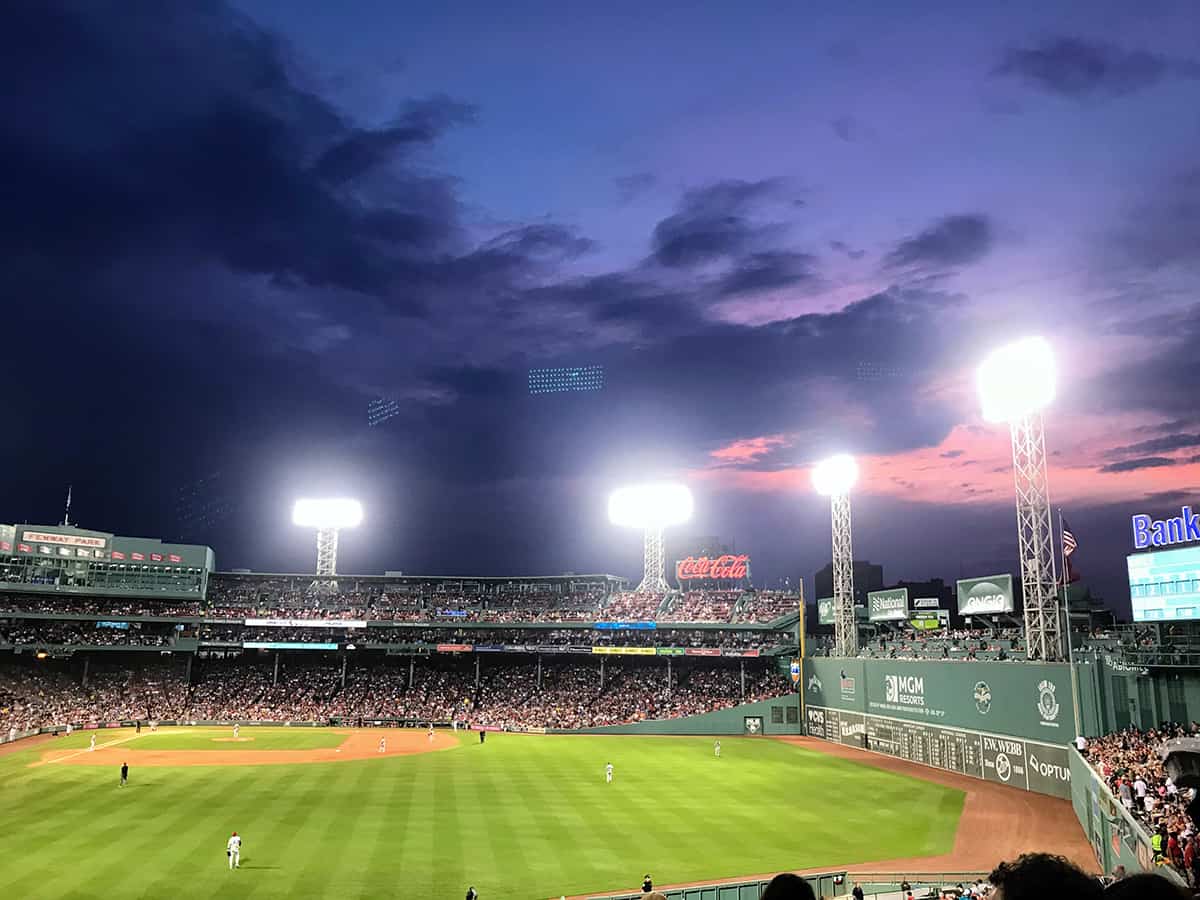 Fenway Park at night at a Red Sox game