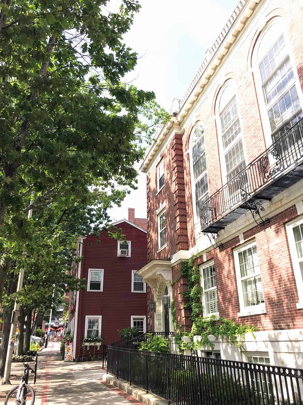 The beautiful cobblestone streets and brick buildings along a street in Salem, Massachusetts
