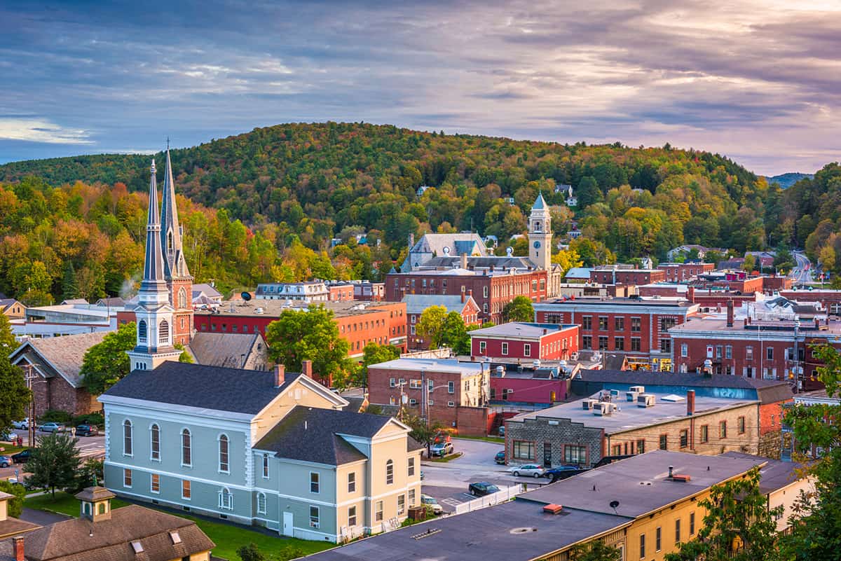 Downtown Montpelier, Vermont in the fall with foliage
