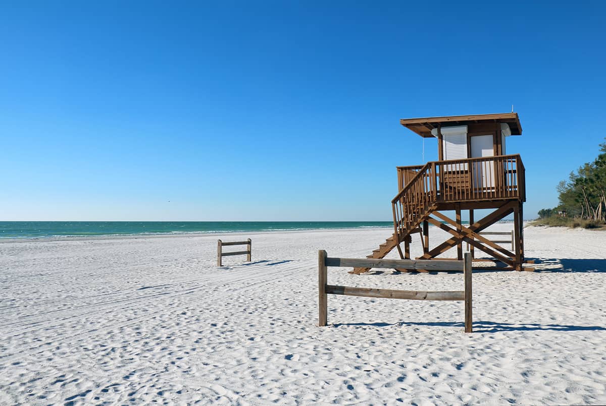 Lifeguard station on the white sand of Coquina Beach on Anna Maria Island near Bradenton, Florida