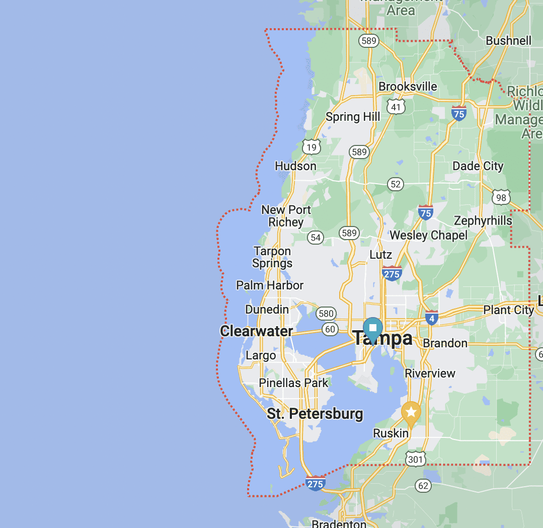 Map of the Tampa Bay Area according to Google Maps