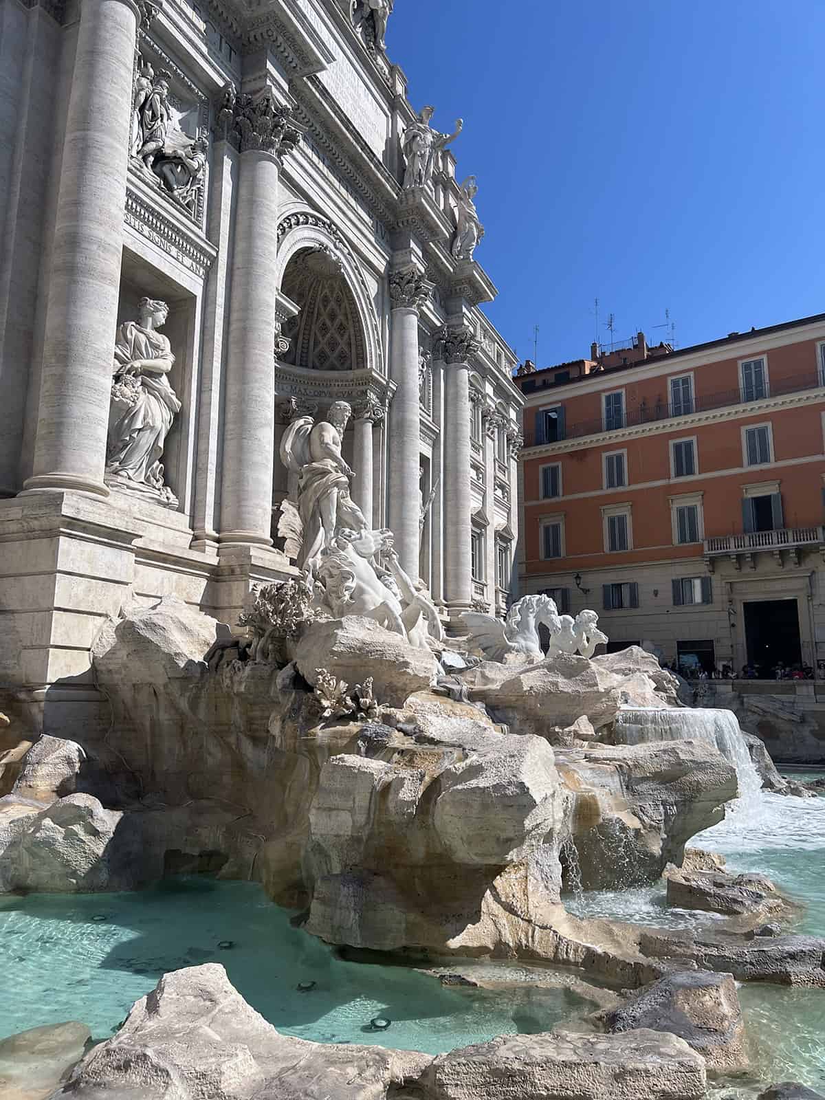 A close up shot of the Trevi Fountain in Rome, Italy