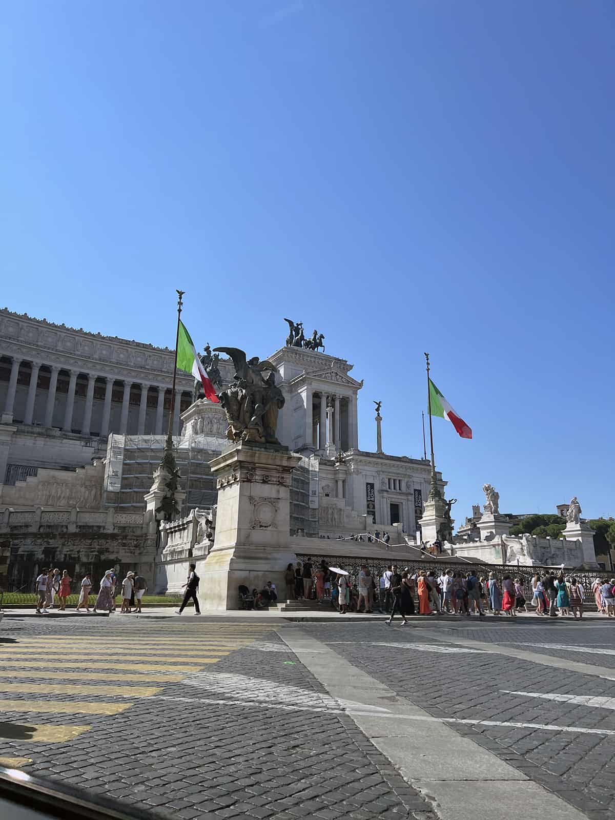 The white and colossal monument of Vittorio Emanuele II, a top landmark in Rome Italy.