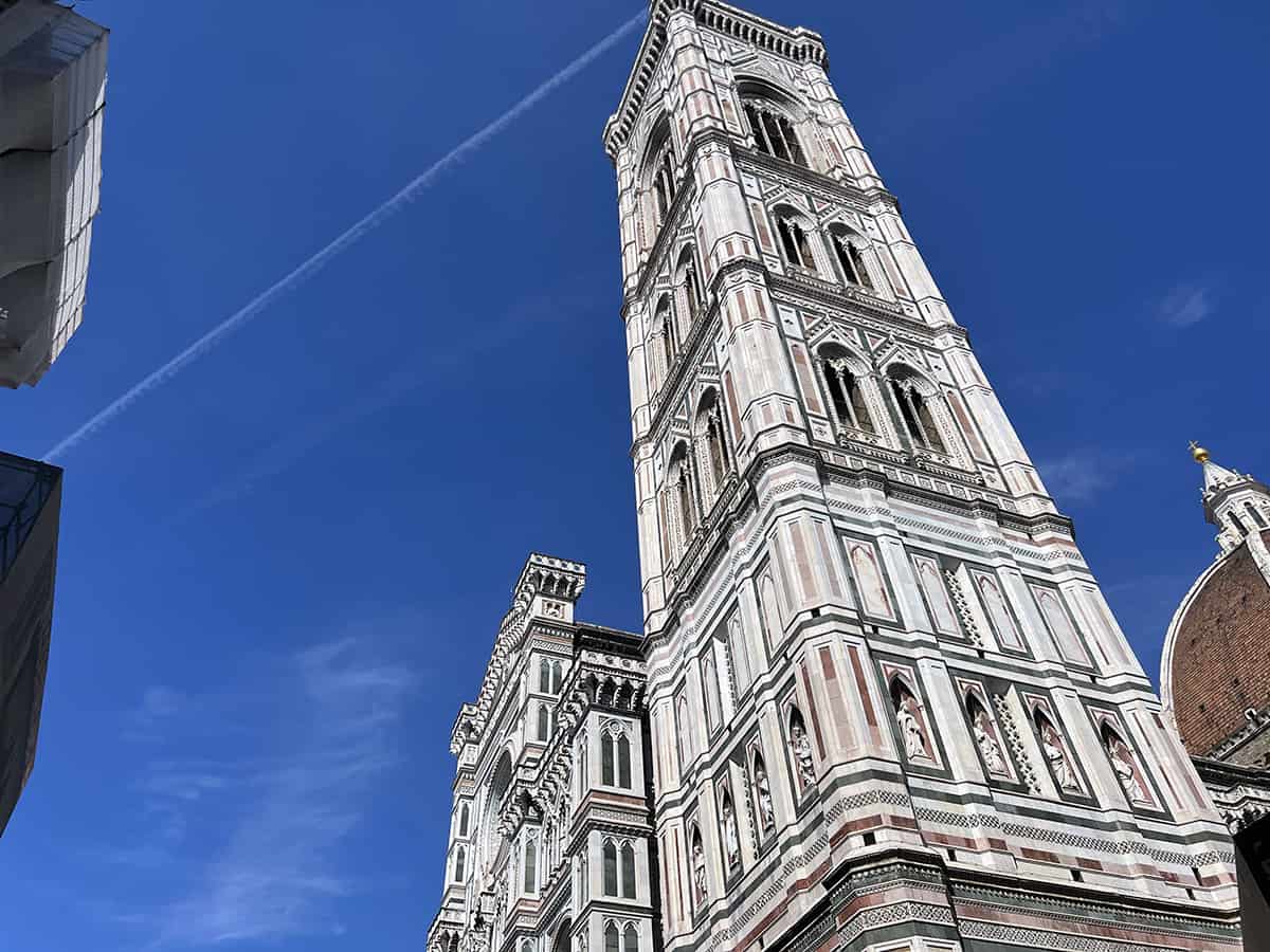 The beautiful and tall tower (black and white) of Campanile di Giotto in Florence, Italy (Central Italy)