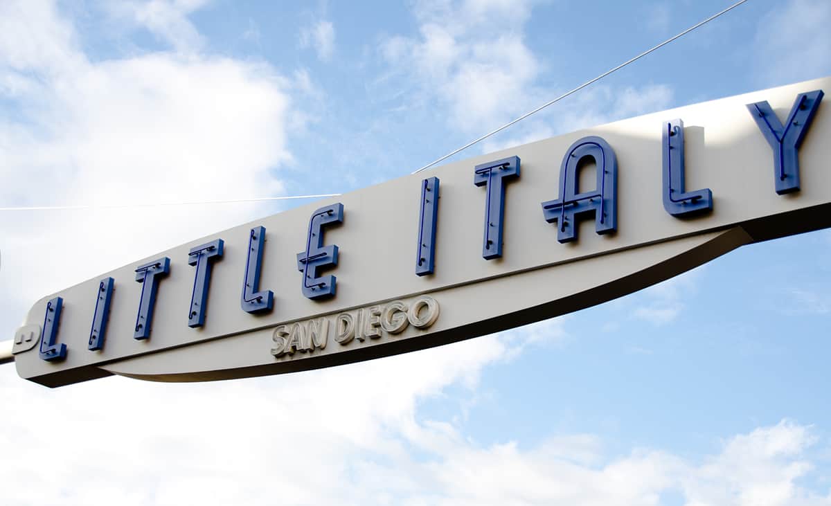 Entry sign to historic Little Italy neighborhood in San Diego